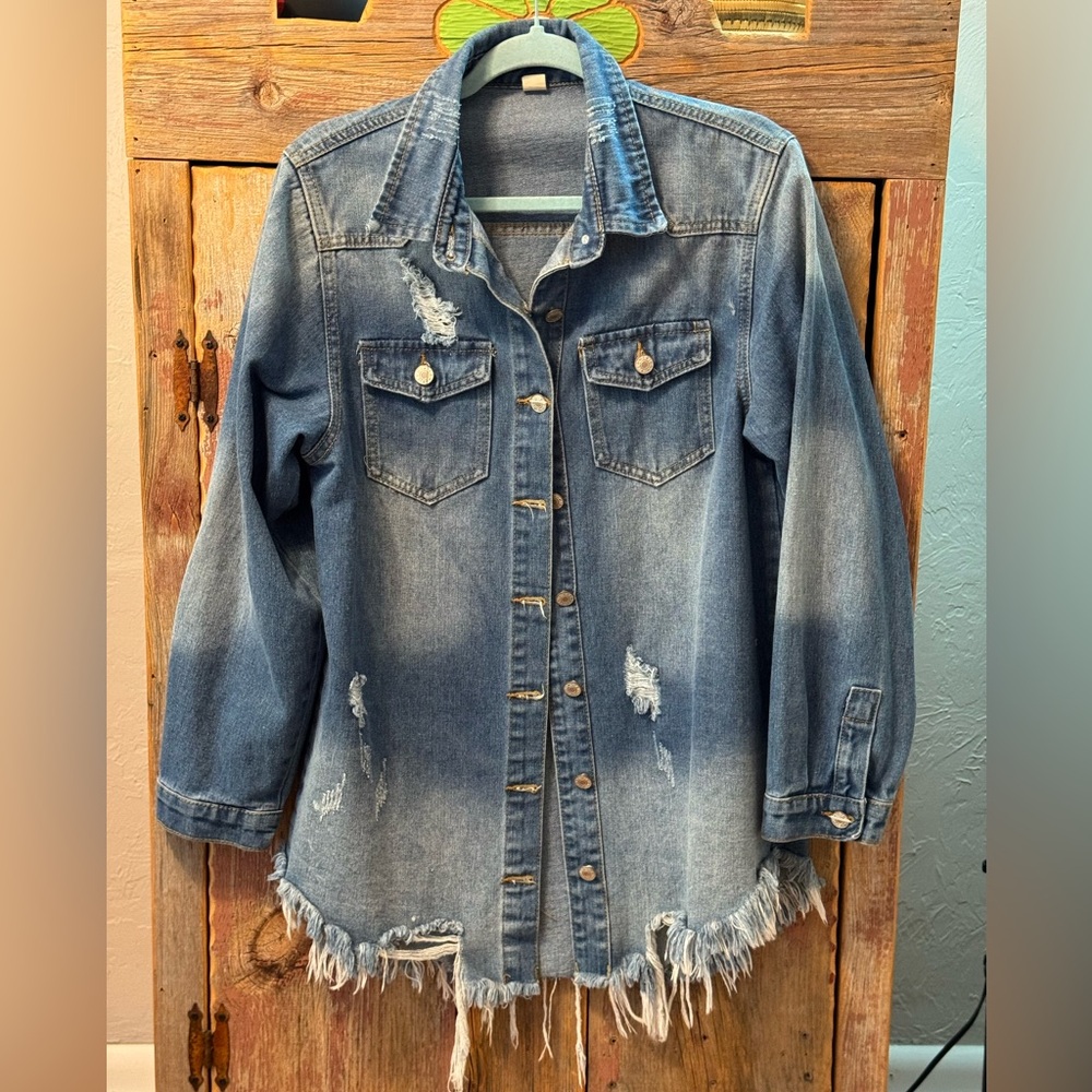 Distressed Denim Jacket / shacket. Raw edge. Perfect over dresses. Medium